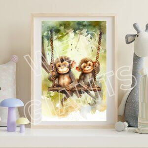Watercolor Monkeys on a Swing Art Print 11x17